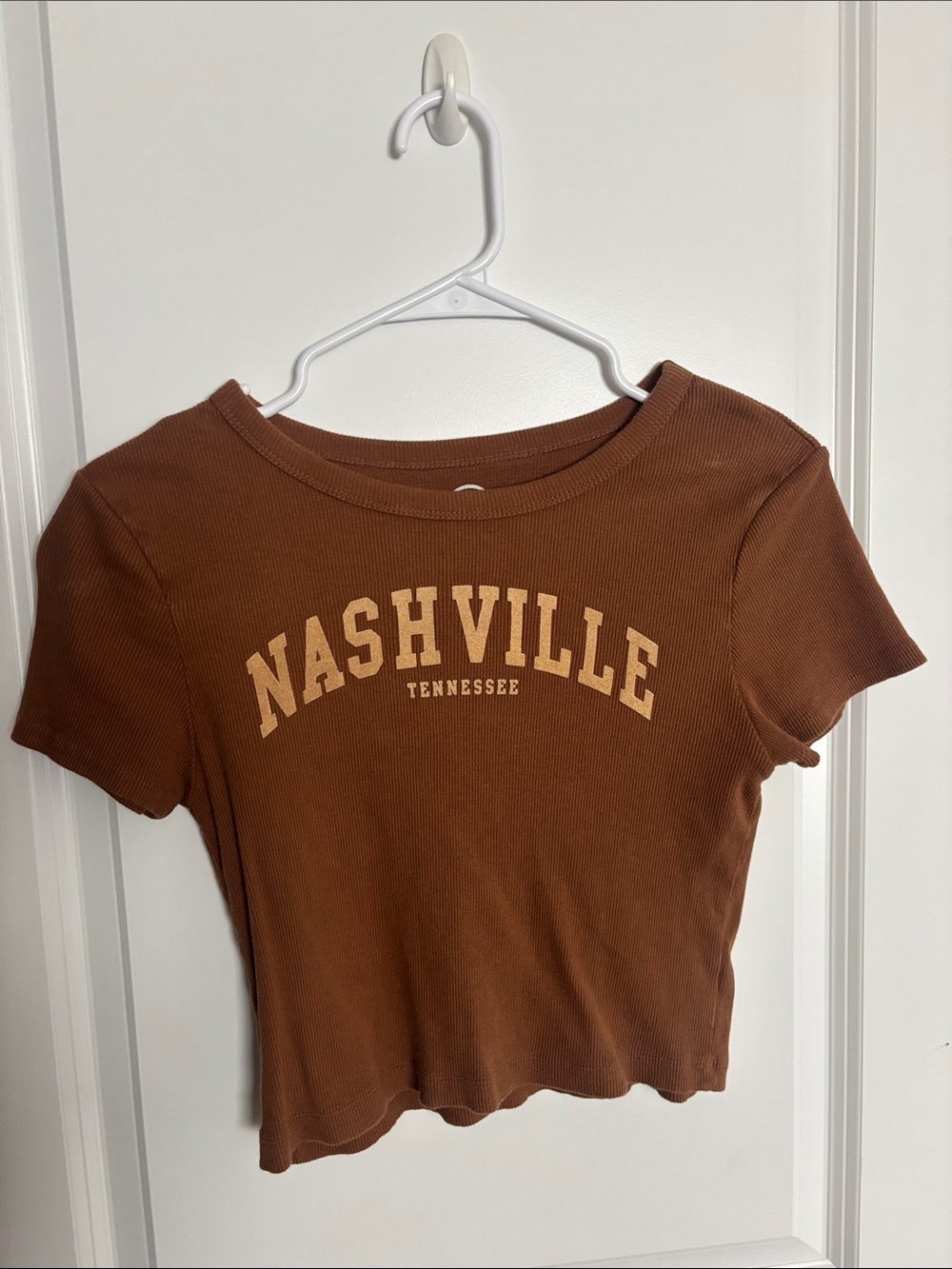 Nashville Graphic Ribbed Crop Tee - Brown with Cream Lettering
